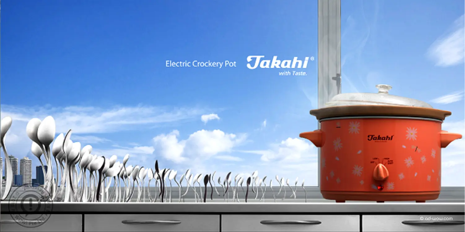 Takahi electric crockery pot thematic campaign by ADWOW, spoons set against the Singapore skyline